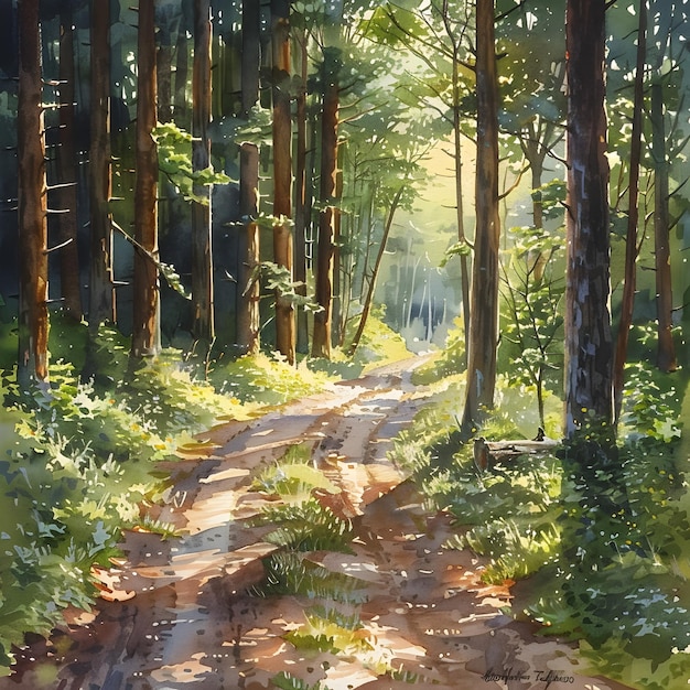 Serene Forest Path with Dappled Sunlight and Tranquil Woodland Ambiance