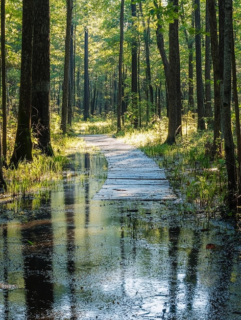 Photo serene forest pathway tranquil nature trail through lush greenery and reflections