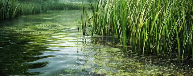 Photo a serene forest pond background with clear water green reeds and textured reflections the