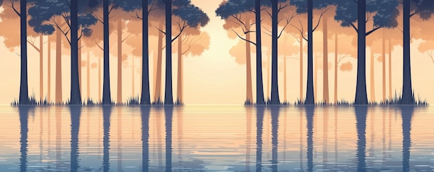 Serene forest reflection in calm water at sunset showcasing tranquil nature and harmony between tree