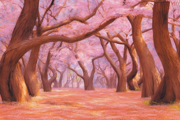 Serene forest scene featuring pink trees Generative AI