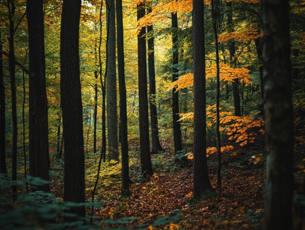 Photo a serene forest scene showcasing autumn foliage and tall trees