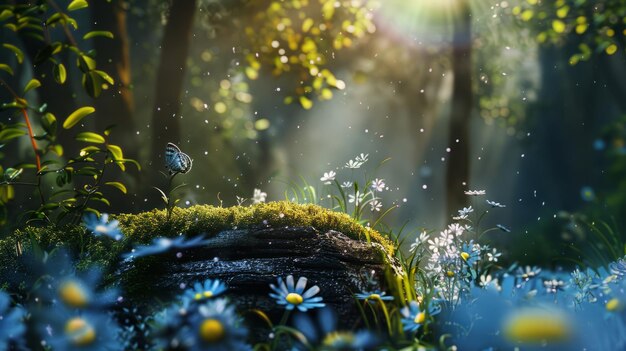 Serene forest scene with butterfly on a log and sunlight