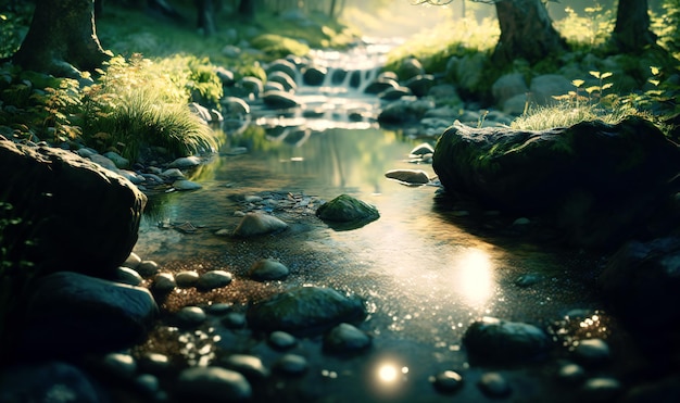 A serene forest scene with rays of sunshine illuminating a babbling brook