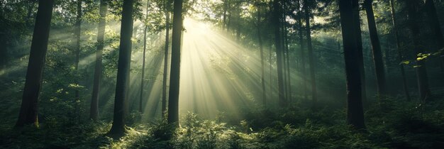 A serene forest scene with sunlight filtering through tall trees casting long shadows on the f