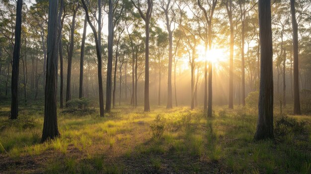 Photo a serene forest scene with sunlight filtering through tall trees and misty surroundings