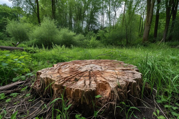 Serene forest scene with tree stump