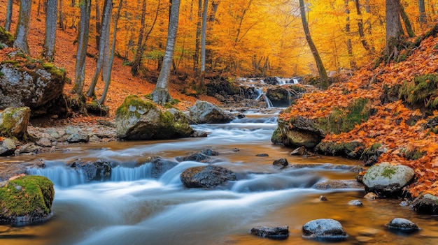 Photo serene forest stream in vibrant autumn foliage scenery with gentle waterfall cascading over rocks