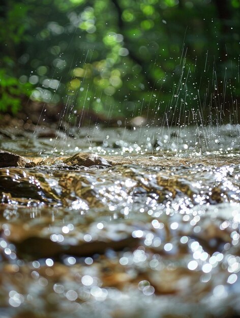 Serene Forest Stream with Sparkling Water Droplets