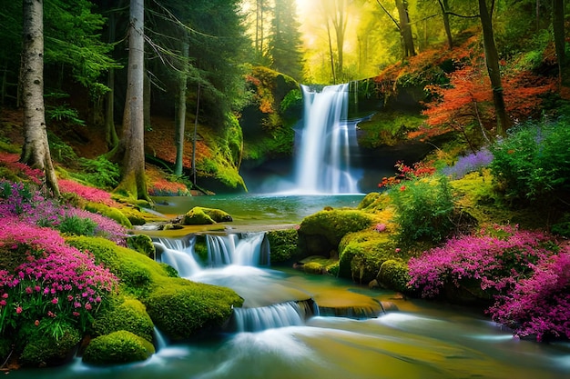 Serene forest waterfall Cascading woodland falls Picturesque forest cascade Tranquil waterfall