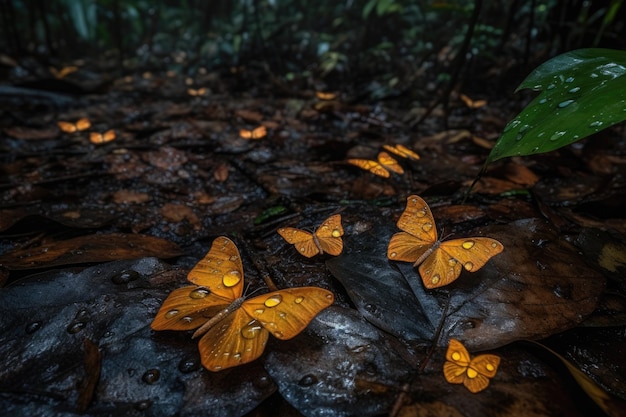 Serene forest wet leaves and colorful butterflies dance generative IA