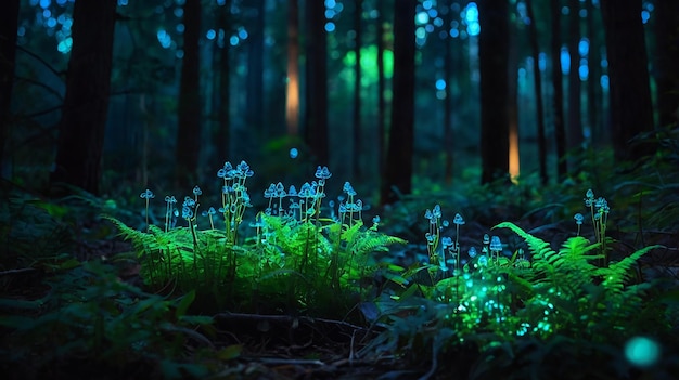 Photo serene forest with bioluminescent plants glowing