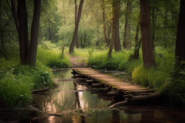 Serene forest with duckboards path and babbling brook