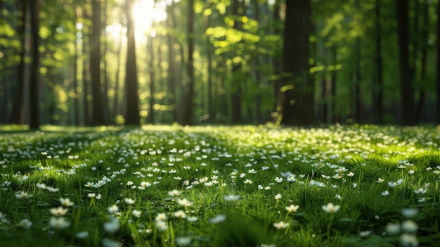 Serene Forest with Sunlit Wildflowers