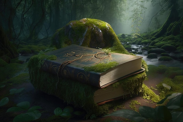 A serene forested scene with a magical book sitting on a mosscovered stone