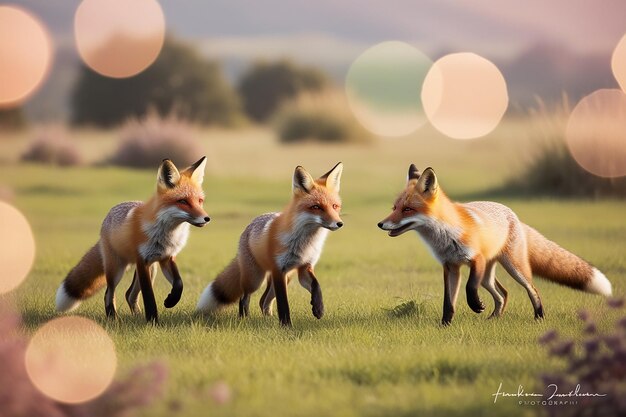 Photo serene fox family playing in an open landscape