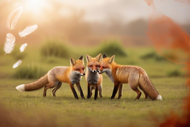 Serene Fox Family Playing in an Open Landscape