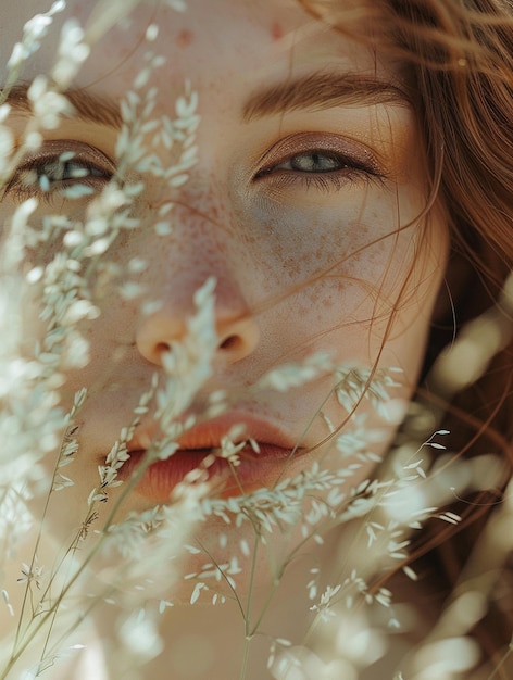 Photo serene freckled woman in nature with soft focus