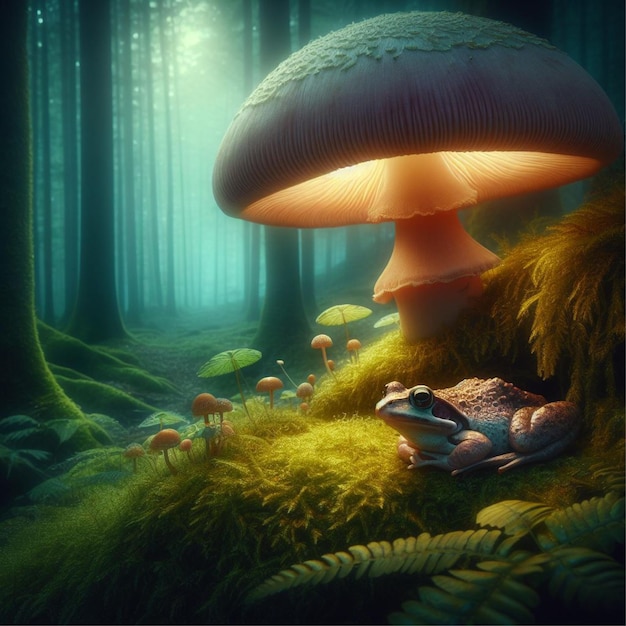 serene frog rests on a mossy bank beneath an oversized glowing mushroom in an enchanted forest