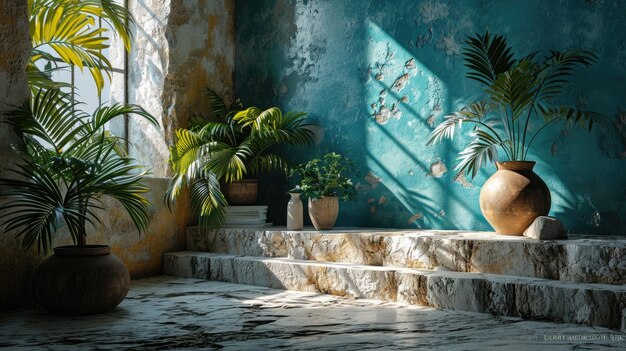 Serene Garden Corner with Potted Plants and Sunlight