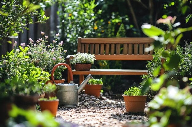 A serene garden corner with a wooden bench plants and watering can in bright sunlight