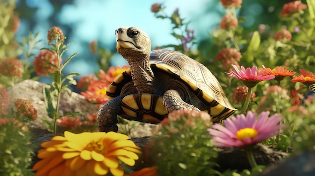 Serene Garden Encounter Turtle in a Flower Garden