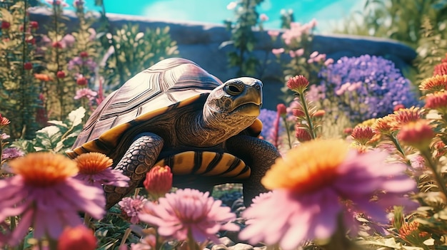 Serene Garden Encounter Turtle in a Flower Garden