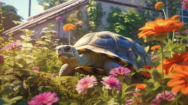 Serene Garden Encounter Turtle in a Flower Garden