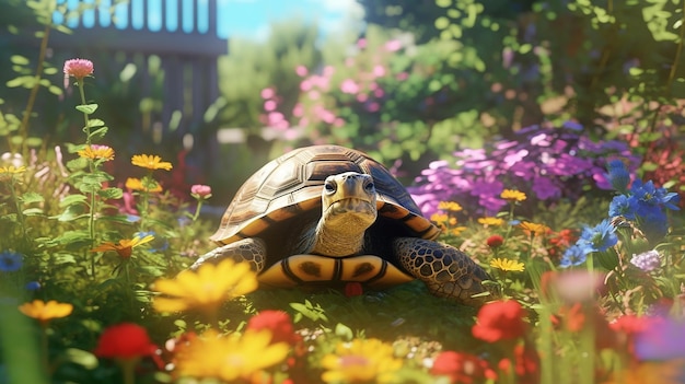 Serene Garden Encounter Turtle in a Flower Garden