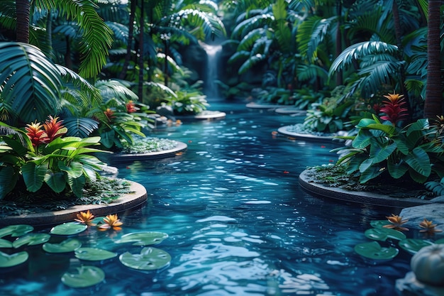 Photo a serene garden oasis with meandering paths and tranquil water features