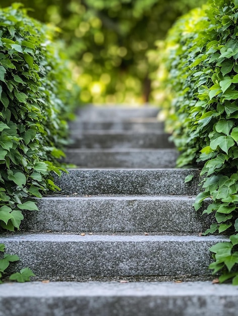 Serene Garden Pathway Lush Greenery Framing Stone Steps