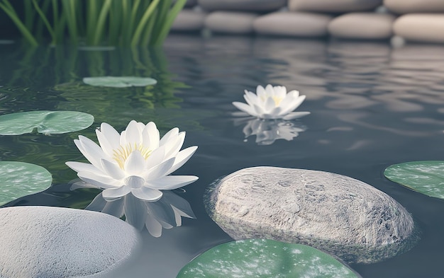 Serene garden pond with white lilies and smooth stones reflecting in still water under gentle sunlight