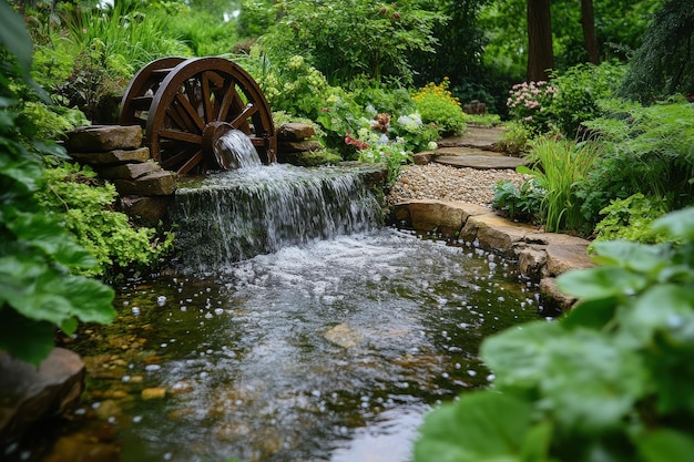 Photo a serene garden pond with a wooden water wheel and gentle stream flowing in the afternoon light