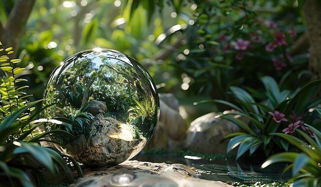 Serene garden reflection in a crystal ball surrounded by lush greenery