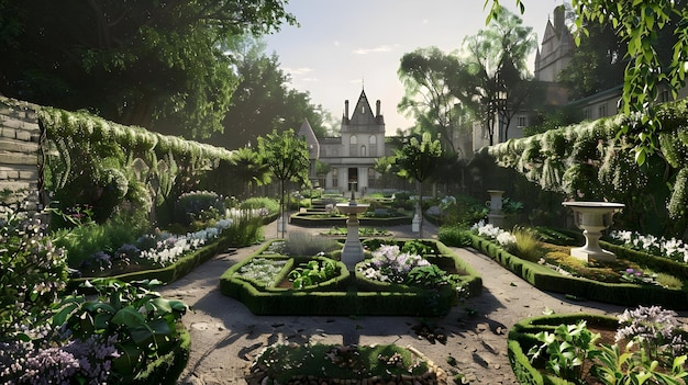 a serene garden scene featuring a tall green tree a fountain and a white building under a blue sky