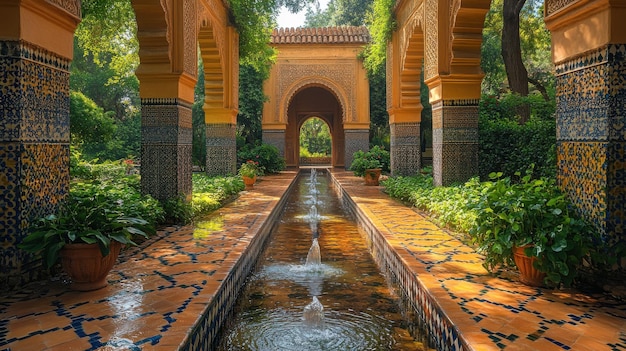 Serene garden with a water feature and intricate tile work