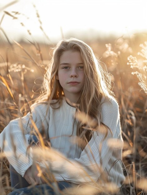 Photo serene girl in sunlit field capturing natural beauty and tranquility