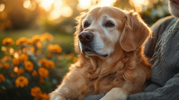 Serene Golden Retriever in Beautiful Garden Setting