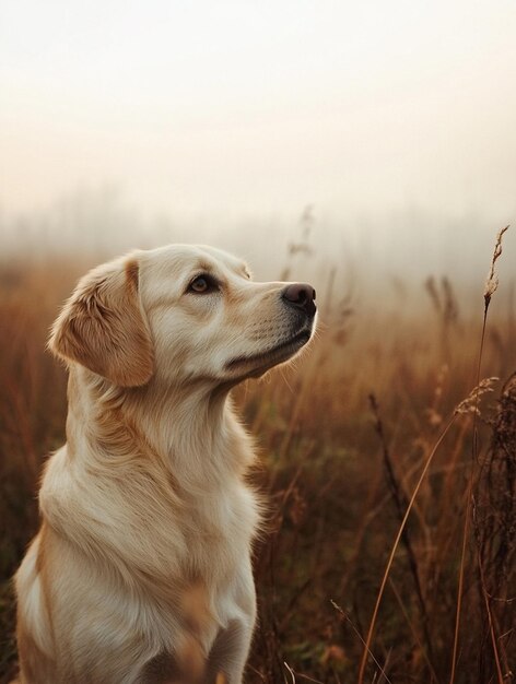 Photo serene golden retriever in misty field peaceful dog portrait