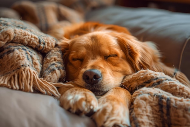 Serene Golden Retriever Sleeping Peacefully on Cozy Blanket Warm Dog Nap Scene Pet Relaxation