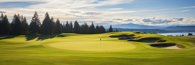 Photo a serene golf course at sunset showcasing rolling greens and distant mountains