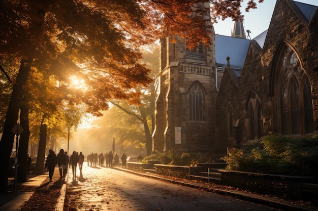 Serene Gothic Church surrounded by colorful faithful and stained glass generative IA