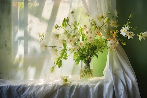 A serene green background with dappled sunlight coming through the window creating delicate shadows