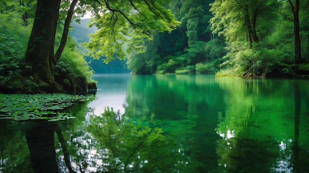 Serene green forest reflecting in water