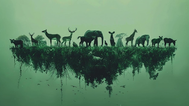 Photo a serene green forest scene with silhouettes of various animals