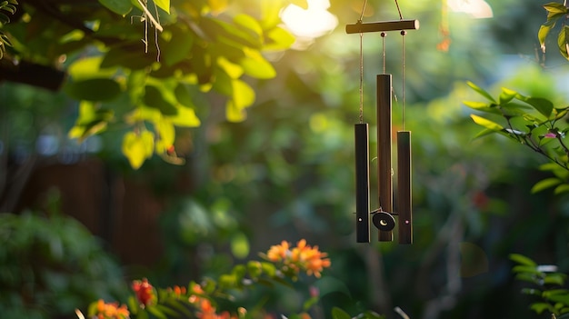 Serene Green Garden with Wind Chimes Landscaping Image