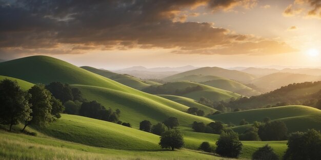 Photo serene green hills under a dynamic sky at sunrise