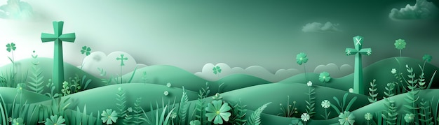 Serene Green Hilltop with Cross and Shamrocks Peaceful Landscape Conceptual Artwork Vibrant