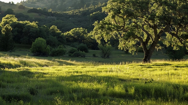 Serene Green Meadow with Majestic Oak Tree at Sunset