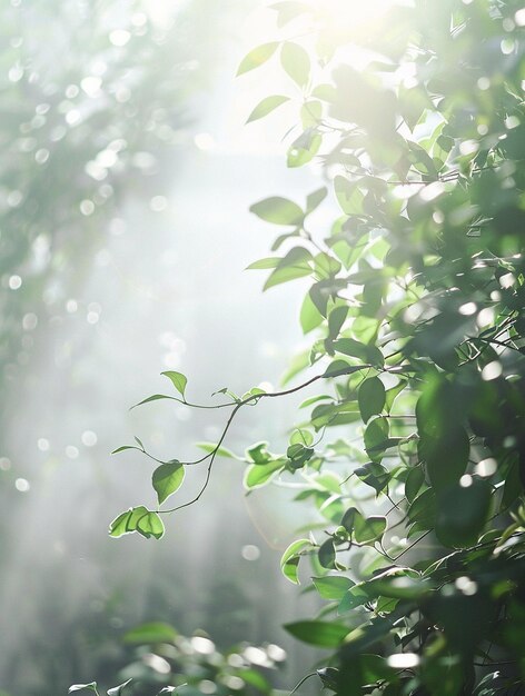 Serene Greenery with Soft Sunlight and Misty Atmosphere